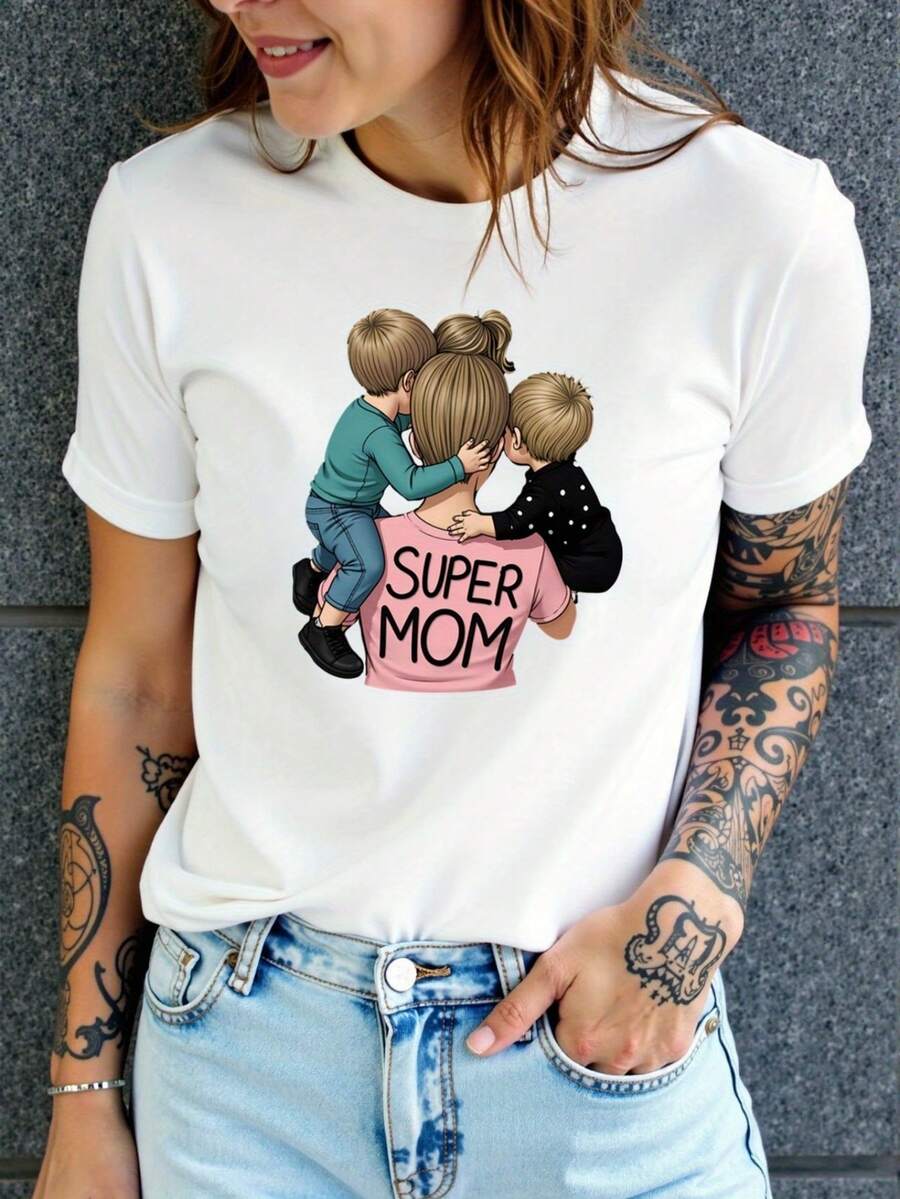 Women's Super Mom Print T-Shirt - Short Sleeve Round Neck Casual Top With "Super Mom" & "Mom" Text, Comfortable & Breathable Fabric Suitable For Casual Attire, Motherhood Apparel - 白色 - 查看 1