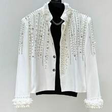 Spring And Autumn Rhinestone Suit Top, Artistic Pearl Jacket Jacket, Performance Stage Short Style - 白色 - 查看 2