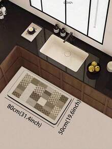 1pc Silica Gel Kitchen Floor Mat, Geometric Patchwork Pattern In Warm Tones Of Deep Brown, Light Brown And Beige. Combining Classic Checkerboard And Solid Color Blocks In A Vintage Yet Orderly Geometric Mosaic Design. - Multicolor - View 7