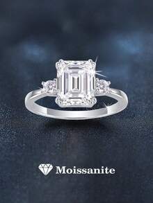 1 chiếc nhẫn bạc 925 cao cấp, đính đá Moissanite hình chữ nhật 7x9mm và 2 viên đá tròn 3.0mm, tổng cộng 3.2 carat, thích hợp cho nữ đeo hàng ngày, dự tiệc, lễ hội, Ngày Valentine, Ngày của Mẹ, kỷ niệm ngày cưới, làm quà tặng trang sức. - Bạc - Xem 6