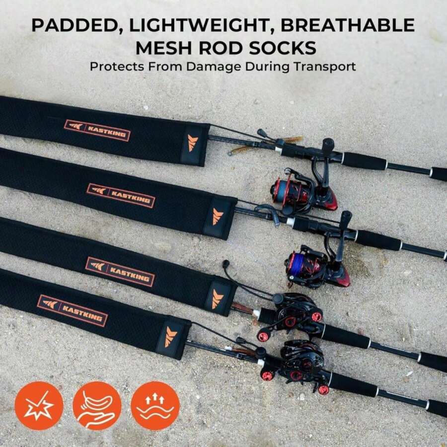 KastKing MeshGuard Rod Socks, Fishing Rod Sleeve, Neoprene Fishing Pole Sleeve, Fishing Rod Covers, Built-In Hanging Loop &Amp; Adjustable Lanyard, Fits Casting, Spinning, &Amp; Fly Rods - ColorA - View 1