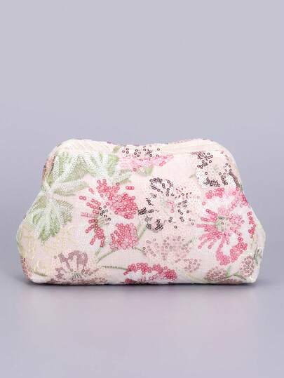 1个粉色花卉亮片刺绣手拿包，优雅的相框晚宴包，适合婚礼派对