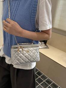 1pc New Minimalist Casual Versatile Embroidered Box Bag, Lunch Box Crossbody Bag, Popular Small Shoulder Bag For Holiday Season - Silver - View 7