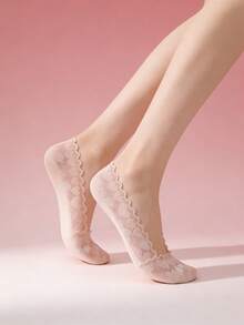 5/2/1 par de calcetines de barco de verano para mujer con patrón de corazón aleatorio de encaje, calcetines invisibles y transparentes de corte bajo - Multicolor - Ver 6