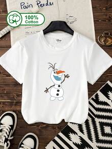 Disney Ladies' Casual Everyday 100% Cotton Short-Sleeve T-Shirt, Featuring Olaf With Outstretched Arms And A Big Grin, Full Of A Playful And Lively Atmosphere. Suitable For Daily Outings, School, Disney Park Visits, And Other Occasions. Summer Clothing, Frozen Olaf Pattern Printed T-Shirt. White - White - View 1