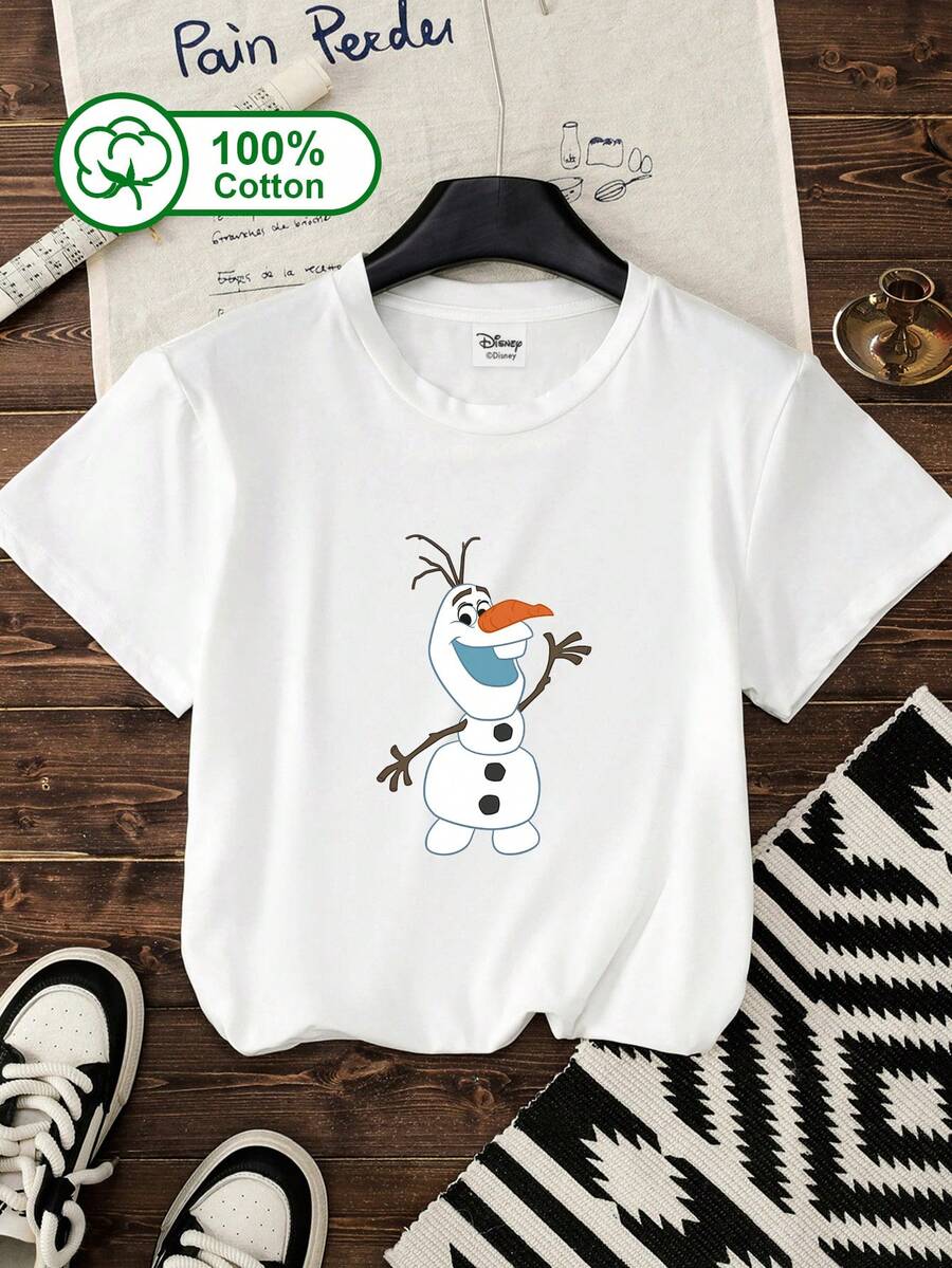Disney Ladies' Casual Everyday 100% Cotton Short-Sleeve T-Shirt, Featuring Olaf With Outstretched Arms And A Big Grin, Full Of A Playful And Lively Atmosphere. Suitable For Daily Outings, School, Disney Park Visits, And Other Occasions. Summer Clothing, Frozen Olaf Pattern Printed T-Shirt. White - White - View 1