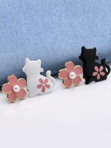 Cute Cat & Sakura Flower Pattern Buttons: Adjustable Waist, Detachable, Fashion Design - White And Black Metal Buttons Clothing Accessories - Multicolor - View 7