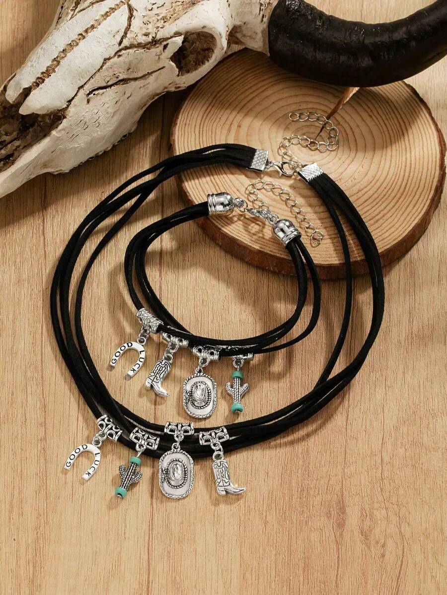 Bộ 2 món dây chuyền và vòng tay nhung nhiều lớp phong cách cao bồi miền Tây, gồm mặt dây chuyền hình ủng, mũ, xương rồng và móng ngựa, quà tặng dành cho nữ. - Nhiều màu - Xem 1