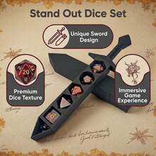 7颗多面骰子，配3D打印ABS树脂剑形收纳盒，专为D&D玩家设计，适用于《龙与地下城》桌面角色扮演游戏（TTRPG、RPG）或其他棋盘游戏，是夏日夜晚派对、露营必备佳品，也是送给男士、男友、兄弟、朋友的理想礼物，更是送给青少年的趣味礼物。 - 彩色 - 查看 4