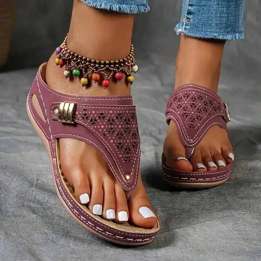 2026 New Style Women's Wedge Heel Flip-Flops - Breathable Hollow-Out Toe & Clip Design, Lightweight Synthetic Cover Sandals With Cushioned EVA Insole & Non-Slip PVC Sole, Slip-On All-Season Casual Shoes, Comfortable Footwear, Crisscross Strap Design, Durable Traction Footwear - Đỏ - Xem 1