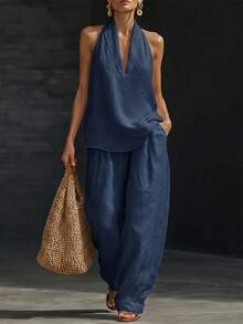 2026 Spring And Summer French Temperament Neck V-Neck Leaking Back Top, Cool Feeling Comfortable And Thin Wide-Leg Pants Set,Trajes Elegantes De Mujer,Conjunto De Dos Piezas Mujer - 深藍色 - 查看 6