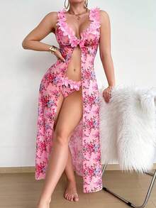 Women's Lace Floral Mesh Petticoat Two-Piece Outfit, Flower Embroidered Suspender Design, Front Slit Sheer Mesh Matching Bottoms, Valentine's Day Date Night Festival Clubwear - [多色的] - 查看 5
