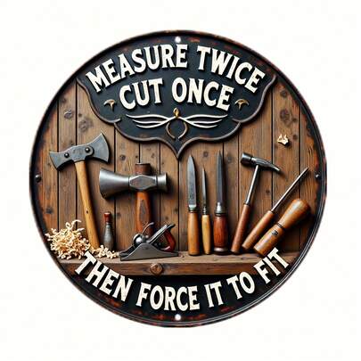 1 件 2D 圆形木质主题牌匾，饰有木工工具和幽默的木工标语，木质设计，适合工作室或家居装饰，2D 平面造型完美契合房间装饰需求，预钻孔位置如图所示