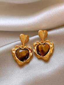 1 Pair Retro Elegant Luxury Geometric Tiger Eye Heart Shaped Unique Design Earrings, Suitable For Women's Daily, Commute, Festival, Party Wear - Yellow Gold - View 6