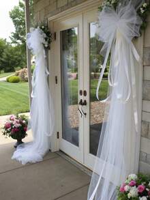 一套婚礼车头纱，白色透明网纱车门装饰布，婚礼车装饰丝带，新娘派对车装饰配件，婚礼拱门派对仪式背景，桌椅装饰（桌旗），适用于婚礼车装饰、室内/室外座椅装饰 - 多款 - 查看 8