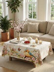 1pc Vintage Floral Tablecloth With Lace Trim, Watercolor Bird, Butterfly, Tulip, Cherry Blossom Print, Waterproof And Stain-Resistant Polyester Tablecloth, Washable For Restaurant Decor, Suitable For Kitchen, Patio, Spring Home And Mother's Day Party - Multicolor - View 3