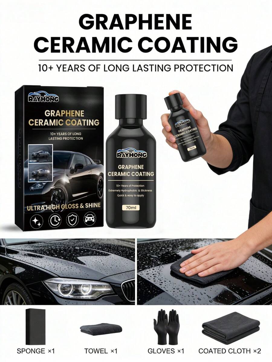 rayhong Graphene Ceramic Coating, Combining Nano-Carbon Material Technology And Precision Plating Craftsmanship, Creates A Super-Hydrophobic Protective Layer. Highly Water And Dirt Repellent, Water Droplets Slide Off Automatically, Dust And Dirt Wipe Clean Easily, Suitable For Car Paint Care