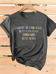 ELYSIAN WEAR 180G Women's T-Shirt Casual Loose Fit Round Neck Short Sleeve Graphic Print I Might Be Laid Back But I Can Lean Forward Real Quick Funny Quote Top For Everyday Wear Comfortable Soft Cotton Blend Suitable For Women Who Love Humor And Relaxed Style - 灰色 - 查看 1