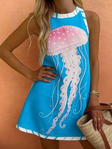Women's Casual Vacation Style Jellyfish Print Sleeveless Slip Dress, Spring/Summer Elegant - Multicolor - View 6