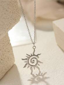 1pc Minimalist 18K Gold Plated Stainless Steel Sunburst Pendant Necklace, Spiral Design Choker, Elegant Summer Jewelry For Women, Daily Wear Gold Chain - 金色 - 查看 8