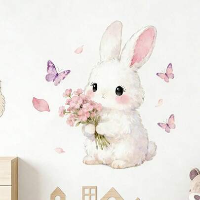 1pc Watercolor Cute Rabbit Wall Sticker - Self-Adhesive PVC Sticker With Pink Floral And Butterfly Patterns, Modern Animal Theme, Suitable For Kids Room, Girls Bedroom And Home Decor, Easy To Stick On Smooth Surface, Rabbit Decor, Suitable For Ramadan