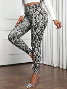 Stylish Ladies' Leggings Featuring A Snake-Skin Design - Made From A Stretchy Blend Of And Elastane, High-Waisted, Suitable For Machine Washing, Perfect For Any Season - 風格 - 查看 4