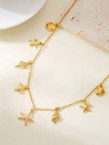 1件波西米亚风随机海星、贝壳、海龟吊坠项链，适合夏季海滩度假佩戴，可作礼物 - 金色 - 查看 4