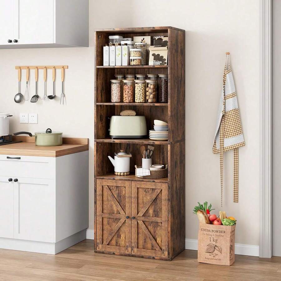 Biblioteca de madera industrial con 6 niveles y puertas, estante de 71 pulgadas para sala, cocina y dormitorio - Marrón - Ver 1