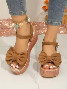 Women's Thick Bottom Wedge Heel Sandals, New Summer Bowknot Open Toe High Heel Sandals - Brown - View 3