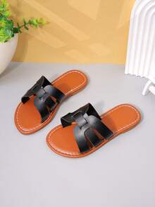 1 Pair Girls' Brown Retro Woven Slide Sandals For Casual Summer Wear - Black - View 6