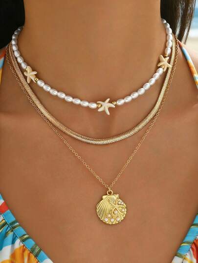 Bộ 3 dây chuyền nhiều lớp sang trọng bằng kim loại đính ngọc trai giả hình sao biển và vỏ sò, kiểu dáng đại dương, thời trang, đa năng, phù hợp để đeo hàng ngày, đi biển và dã ngoại.