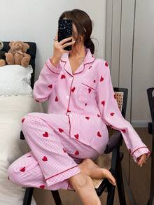 Dreamivo 女士长袖上衣和裤子两件套睡衣套装，休闲宽松家居服，翻领设计，心形条纹印花，适合居家和户外穿着，秋冬季节。 - 粉色 - 查看 1