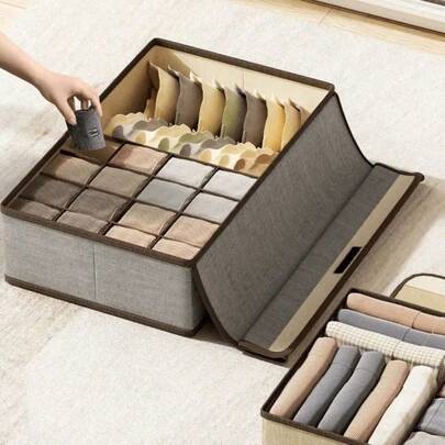 Caja organizadora de ropa interior con tapa, cajón plegable para armario con 1+16 compartimentos, armario de tela plegable tipo cajón para clasificar ropa interior, bragas, calcetines, corbatas, sujetadores, toallas y bufandas (gris)