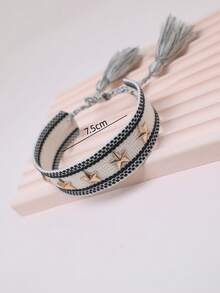 1 pieza Pulsera tejida de moda con tachuelas en forma de estrella de cinco puntas - Blanco y Negro - Ver 5