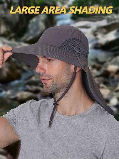 1pc Men's Summer Quick Drying Sun Hat, Sun Protection Bucket Hat, UV Resistant Breathable Bucket Hat, Mountaineering And Camping Wide Brim Neck Protection Shawl Sun Hat, Adjustable Rope Bucket Hat, Mesh Breathable Sunscreen Hat, Sun Hat For Summer Outdoor Activities, Lightweight, Waterproof - Used For Outdoor UV Protection