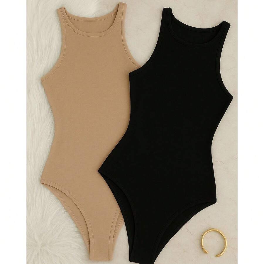 Set Of 2 Women's Basic Tank Top Bodysuits With Round Neck, Casual Style, Lined Second Skin, Chic And Timeless - 黑色/裸色 - 查看 1