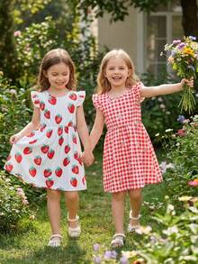 2 Stück Mädchen Rüschen Dekor süßes Erdbeermuster gestreift + Erdbeerkaro Kleid Set, niedliches lässiges Sommeroutfit für Mädchen - Verschiedenfarbig - Übersicht 11