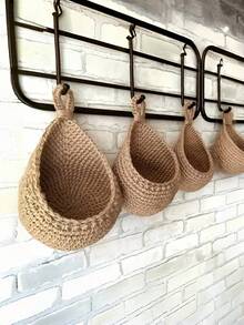 1pc/3pcs/6pcs Hanging Wall Vegetable & Fruit Basket, Bohemian Style Handwoven Linen Basket, Flower Pot Hanging Basket, Bird Nest Wall Hanging Mesh Bag, Handcrafted Wall Hanging Basket With Ring, Versatile Home Essential For Kitchen Storage, Decoration, Wall Decor, Living Room, Entryway, Housewarming & Birthday Gift - Multicolor - View 3