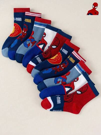 Marvel 1/5/10 Pairs Spider‑Man Kids Socks With Super Hero Patterns, Suitable For Daily Casual Wear, Breathable And Soft. Girls Socks, Boys Socks, Children Socks, Ideal For Daily Wear, Party Gifts, Easter, Spring And Summer.