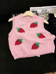 Women's Casual Elegant Sweet Strawberry Print Round Neck Sleeveless Knit Cropped Top/Tank, Summer Blouse, Summer Clothing, Women's Party Top/Tank, Women's Beach Outfit, Women's Outdoor Top, Elegant Party Top/Tank, Women's Holiday Outfit, Women's Leisure Top - Pink - View 4