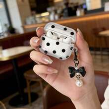 Black Polka Dot Cream Ruffle Edge Earphone Case With Pearl Bow Charm, Compatible With Apple 1/2, Pro, 3, Pro 2, 4, Pro 3 Bluetooth Earphone Charging Case - Black - View 3
