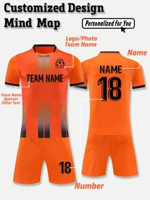 2pcs Personalized Soccer Jersey Set For Men - Customizable Team Name, Number, And Logo Print Short Sleeve T-Shirt + Shorts Sports Suit, Fashionable, Casual, Personalized, Unique Gift, Suitable For Boyfriend, Family, Friends, Birthday, Holiday, School Match, Sports Climbing, Etc. - Orange - View 2