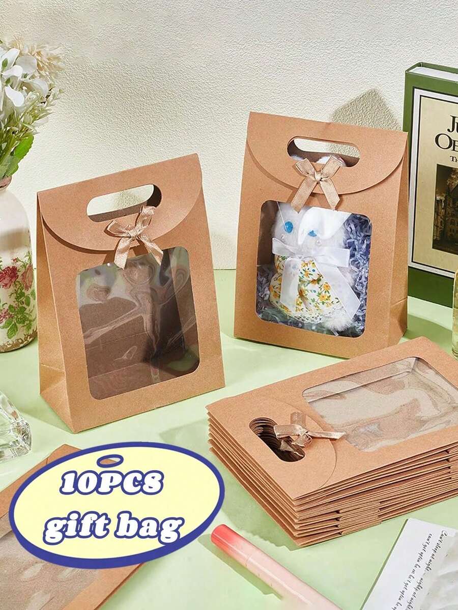 Bộ 10/5 túi quà tặng bằng giấy Kraft mở, túi đựng quà có cửa sổ trong suốt, túi quà mini dáng đứng có tay cầm, túi quà màu nâu, túi giấy dán, túi quà dáng đứng, túi đựng kẹo và bánh quy, túi cưới màu trắng và nâu, túi quà ngày Valentine, túi đựng quà tặng