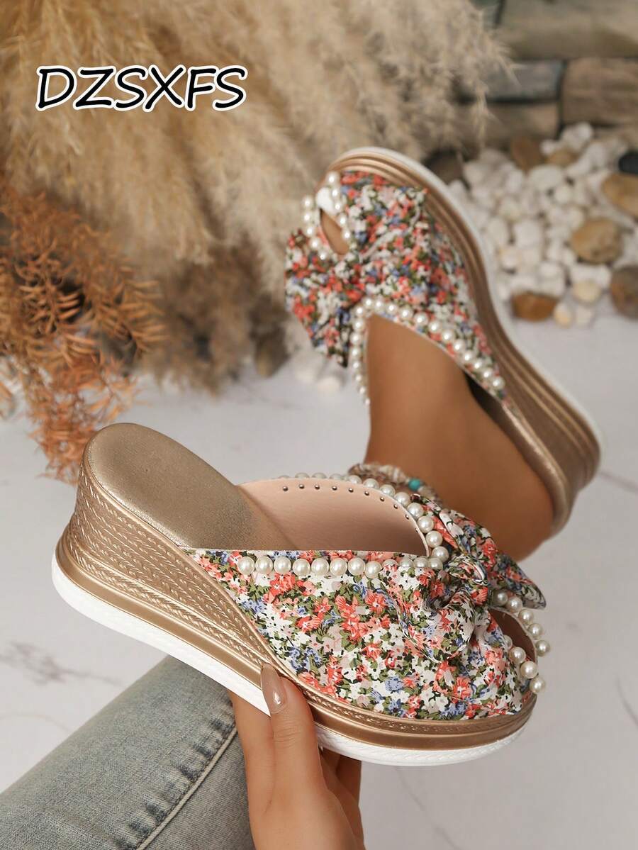1 Pair Bow Decor Beach Vacation Platform Sandals, Fashionable Thick Sole For Home, Outdoor, Party, Summer - 玫紅色 - 查看 1