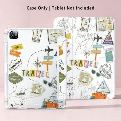 彩色亚克力水晶平板电脑保护套，带支架，图案包括飞机、地图、指南针和行李箱，兼容三星A9/A9+/S9/S9FE/A11/A11+/S11/S10 FE/S10 FE+/S10 Lite以及苹果Air 5/6、荣耀、Matepad等热门机型。可折叠防弯折，硅胶加固边角，支持自动唤醒/睡眠，内置笔槽，多角度可调节支架——完美日常保护，理想礼品。