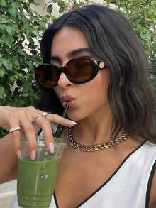 1 pieza Gafas de moda retro ovaladas para mujer, diseño de ojo de gato, estilo de moda callejera europeo y americano de alta gama - Rebanadas de té enmarcadas con estampado de leopardo - Ver 2