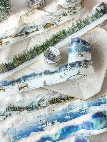 1 Roll 2M Winter Snowy Landscape Washi Tape, Creative Aesthetic Sticker, DIY Decoration Scrapbooking Craft Material, Holiday Gift, Personalized Scrapbook School Stationery