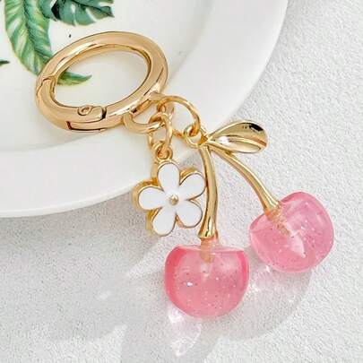 1 قطعة قلادة مفتاح وزينة حقيبة بتصميم ثلاثي الأبعاد على شكل كرز وردي اللون