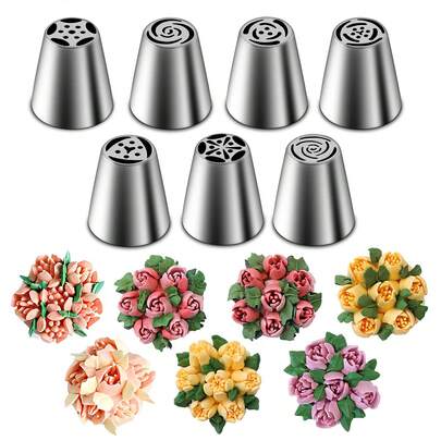 7pcs Stainless Steel Russian Piping Tips Set, Flower Shaped Icing Nozzles For Cake, Cupcake, Cookie And Baking Decoration