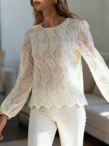 Blusas de mujer elegantes y casuales de unicolor con textura hueca para uso diario en verano - Albaricoque - Ver 3